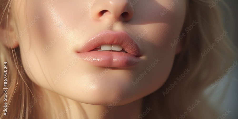 Close up lips of pretty sexy blond hair woman attractive girl. Spa skin cosmetic promotion scene Close up lips of pretty sexy blond hair woman attractive girl. Spa skin cosmetic promotion scene