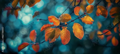 minimal Zen style backdrop of one dry yellow maple leaves on branch with bokeh lights blue background
