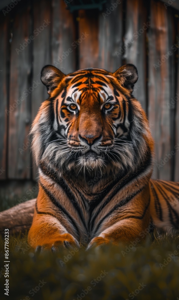 Photo of an angry tiger, looking at the camera with its head tilted to one side, resting on grass in front of him. The background is blurred and shows wooden walls behind it. Photo of an angry tiger, looking at the camera with its head tilted to one side, resting on grass in front of him. The background is blurred and shows wooden walls behind it.