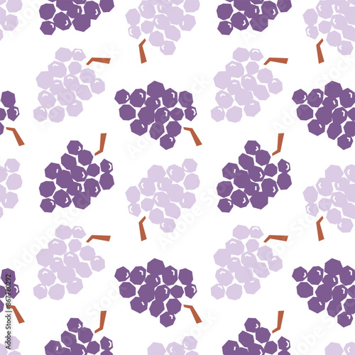 Grape cartoon seamless pattern isolated on white background. Purple bunch of grape abstract geometric print for fabric, paper, design. Vector illustration