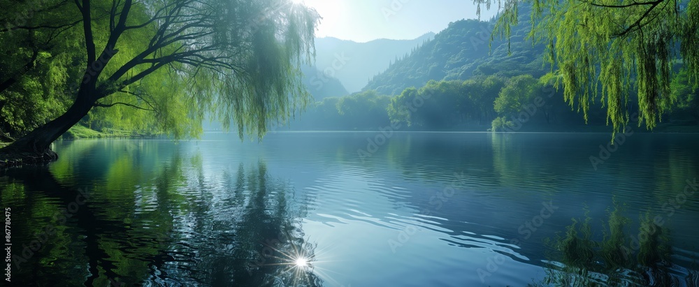 willow tree at riverside with misty fog drifting on water surface willow tree at riverside with misty fog drifting on water surface