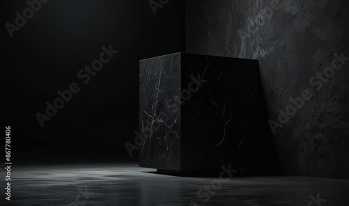An ominous giant black cube rotating on one of its corner, black background, cube is smooth like black granite	
