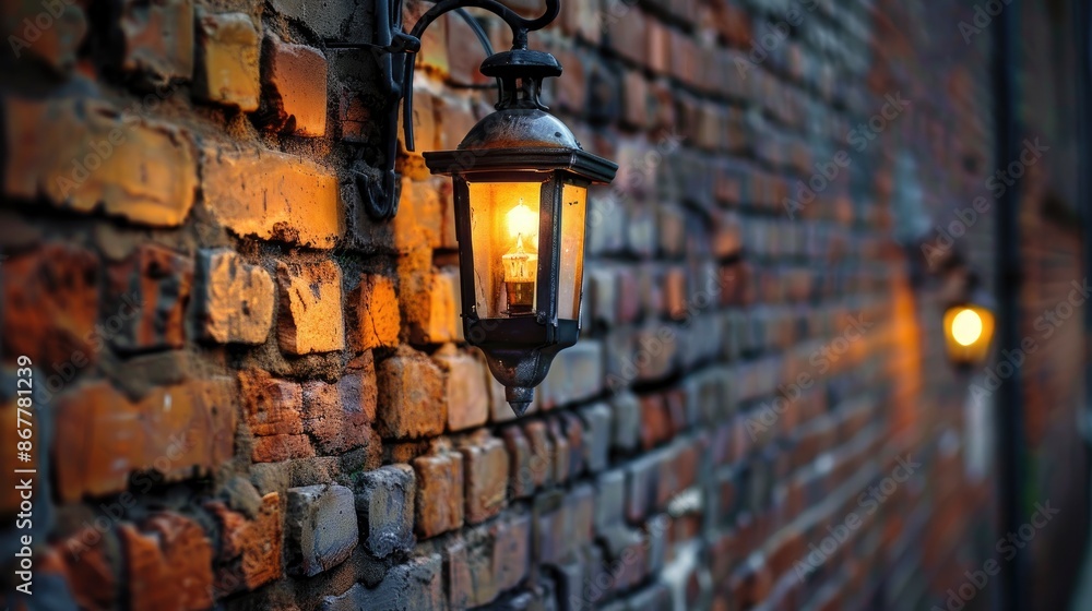 Lamp hanging close to brick wall Lamp hanging close to brick wall