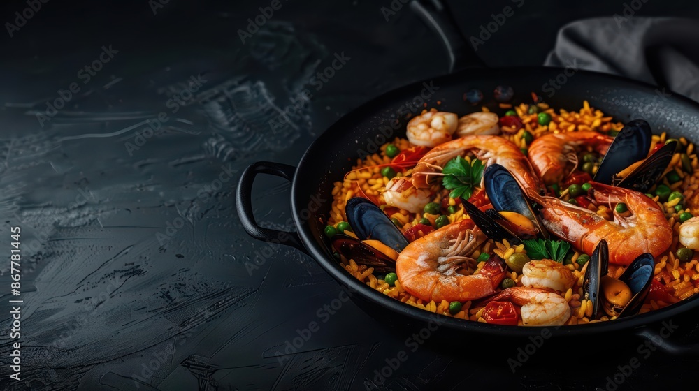 Dive into the flavors of Spain with a cyber paella pan, infusing every grain of rice with mouthwatering perfection with copy space for impact Dive into the flavors of Spain with a cyber paella pan, infusing every grain of rice with mouthwatering perfection with copy space for impact