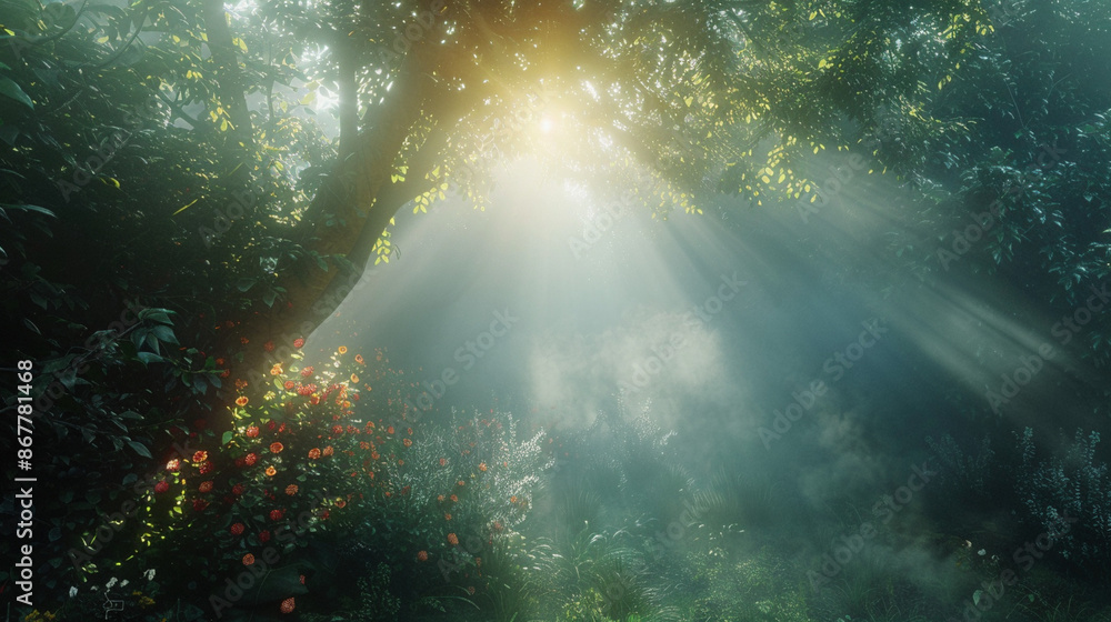Mystical Morning: Sunbeams Dancing in Enveloping Fog Mystical Morning: Sunbeams Dancing in Enveloping Fog