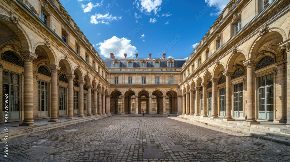 Fototapeta premium Close-up view of the Royal Palace Courtyard and Burennya Column, sky and clouds in the background. Ai generated image