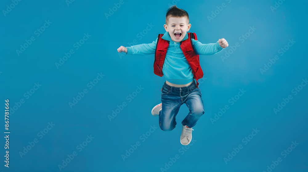 joyful child in casual clothes jumping with excitement against a blue background. Perfect for themes of childhood, happiness, and energy. Includes ample copy space. joyful child in casual clothes jumping with excitement against a blue background. Perfect for themes of childhood, happiness, and energy. Includes ample copy space.
