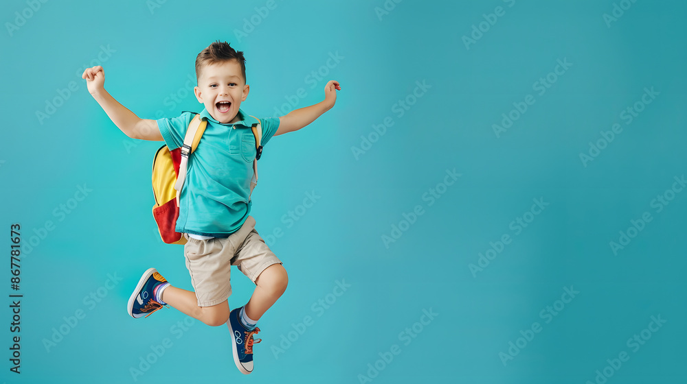 A happy schoolboy wearing a backpack and jumping with excitement against a blue background. Perfect for themes of childhood, back-to-school, and energy. Includes ample copy space. A happy schoolboy wearing a backpack and jumping with excitement against a blue background. Perfect for themes of childhood, back-to-school, and energy. Includes ample copy space.