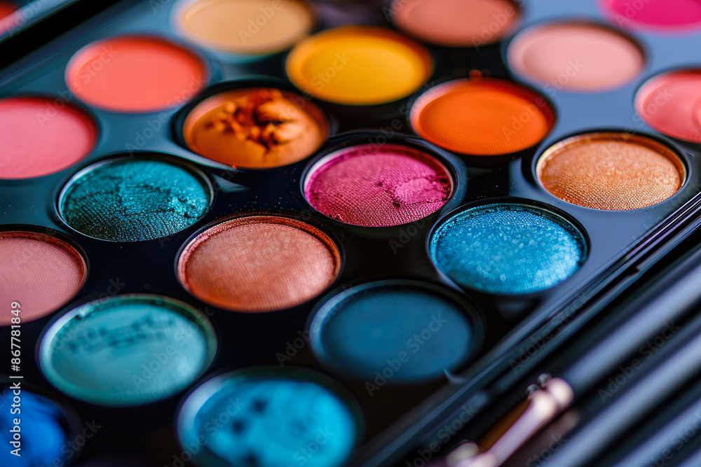 multi-colored bright professional eye shadows close-up. Set of various makeup products. multi-colored bright professional eye shadows close-up. Set of various makeup products.