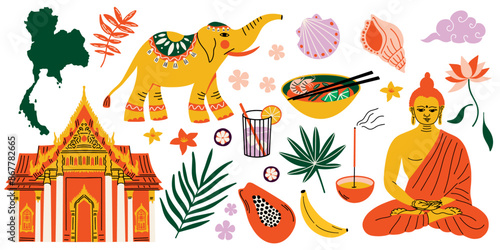 Thailand travel, tourism concept vector illustration set, Buddha, temple, map, incense, elephant, lotus, thai food, meal, cocktail, fruits, papaya exotic tropical leaves stickers elements collection