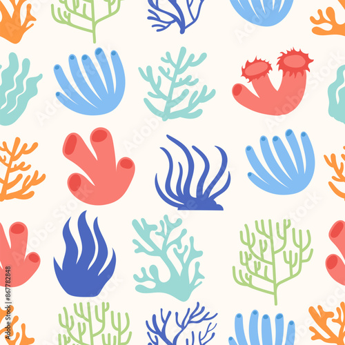 Colorful sea corals and seaweed seamless pattern.