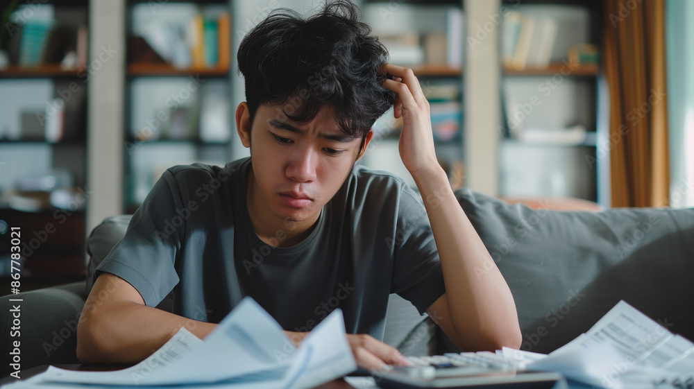 a young Asian man stressed while calculating expenses from invoices or bills on a table, business financial concept, sitting on a sofa a young Asian man stressed while calculating expenses from invoices or bills on a table, business financial concept, sitting on a sofa