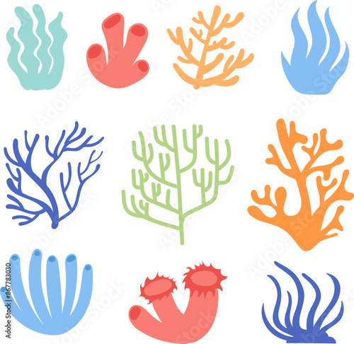 Set of colorful sea corals and seaweed collection. Abstract shape of sea coral and seaweed in color
