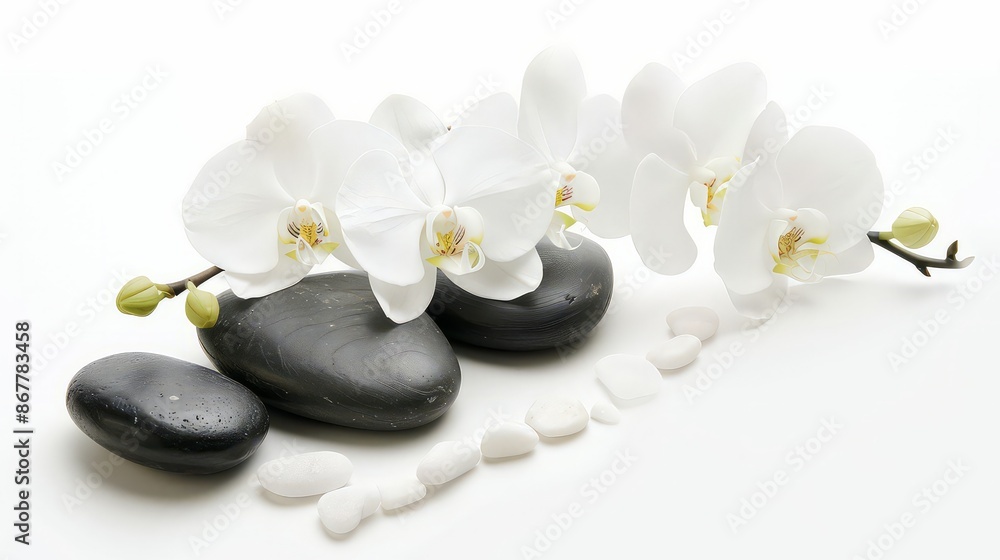 Spa still life with massage stones,white orchid on water reflection. Spa and white orchid Spa still life with massage stones,white orchid on water reflection. Spa and white orchid
