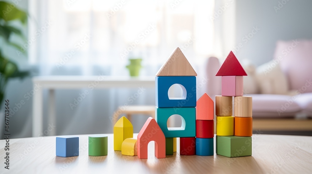 Fototapeta premium Wooden children's toys. Toys made of natural wood for educational games with children. Children's wooden constructor for an interesting educational game.
