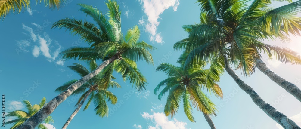 Obraz premium Immerse yourself in the tropical paradise of cyber palm trees, savoring the serenity and beauty with room for text