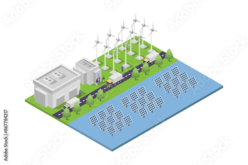 Wind turbines generating electricity and solar farm panels isometric