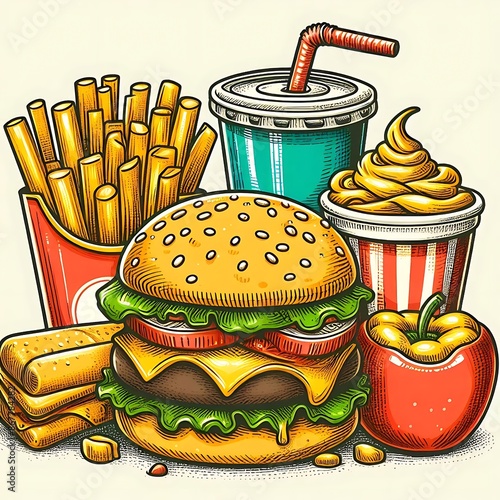 Hand Drawn Cartoon Hamburger French Fries Cola Fast Food Illustration 