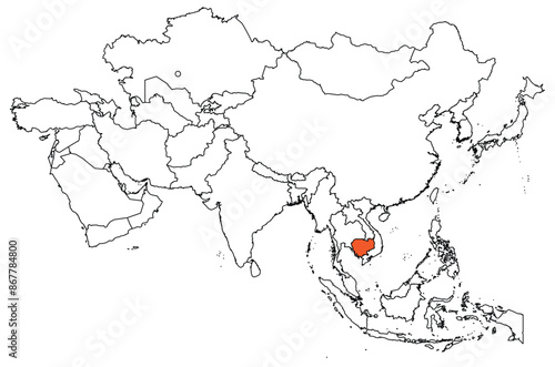Map of the continent of Asia with country borders. Map of Cambodia