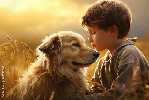 Little boy and his dog outdoors. Cute child with doggy pet. Best friends and love animals concept. International Homeless Animals Day © ratatosk