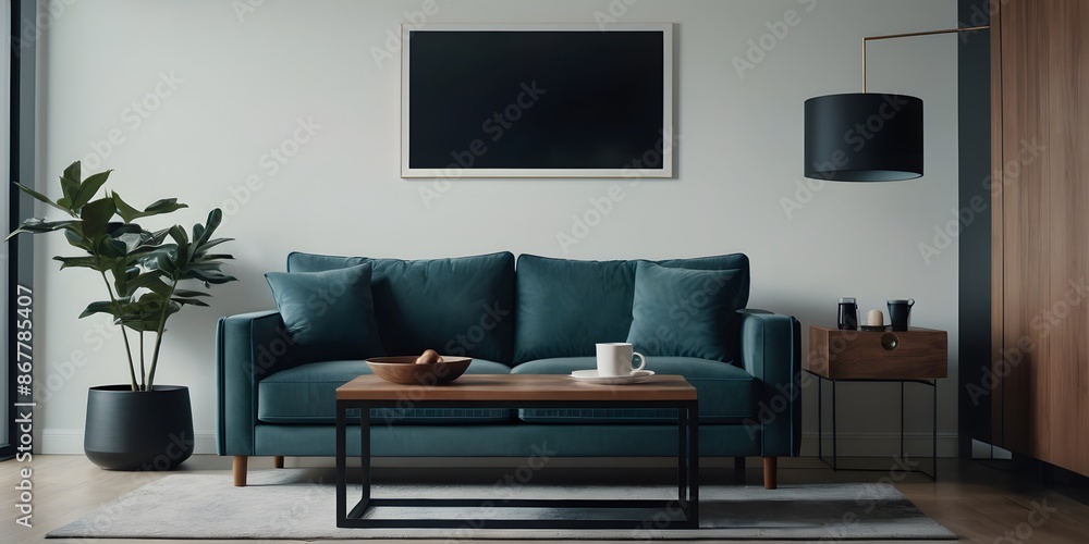 Fototapeta premium A contemporary room with a blank poster on the wall, featuring a plush sofa, wooden coffee table, and modern decor elements.