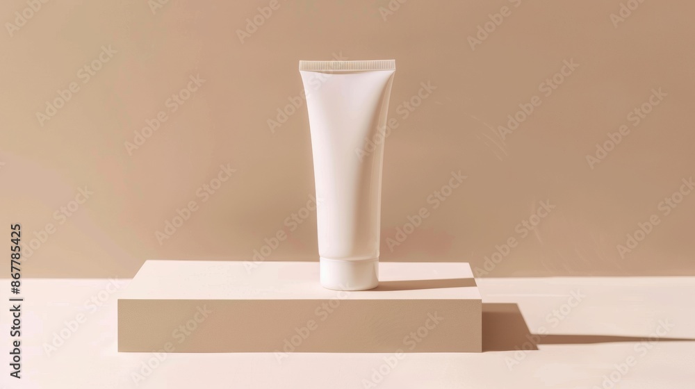 White Plastic Tube Of Cream On Beige Platform White Plastic Tube Of Cream On Beige Platform