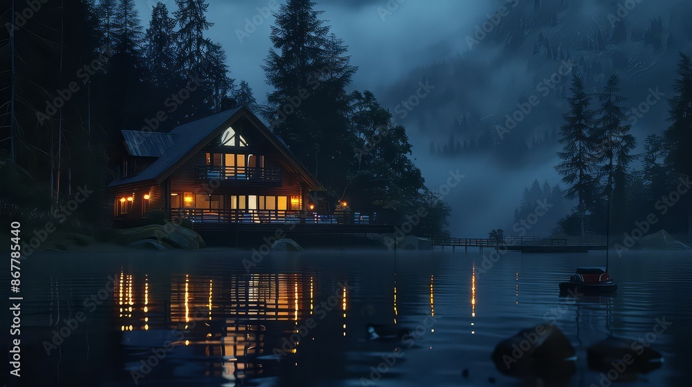 Fototapeta premium Night lights of a lake house in the mountains. Night lights of a lake house in the mountains. Mountain lake house lights.