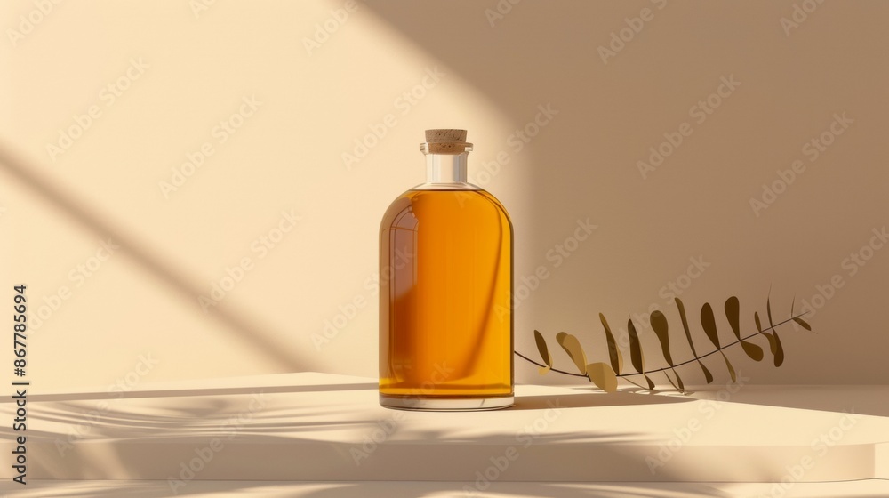 Glass Bottle of Golden Oil in Soft Light With Leaf Glass Bottle of Golden Oil in Soft Light With Leaf