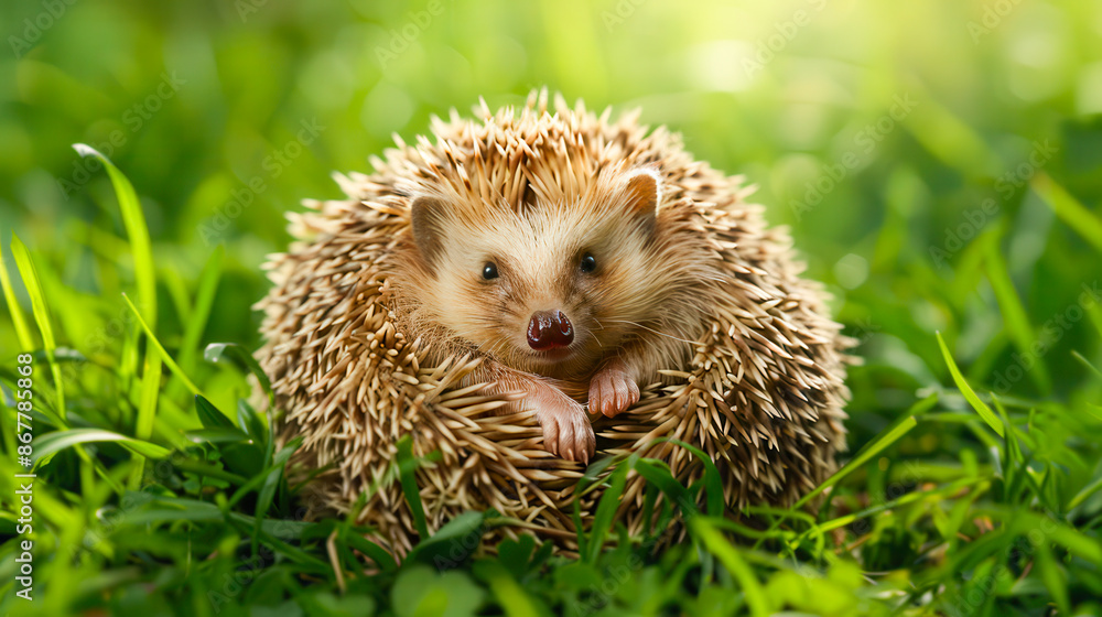 Fototapeta premium Hedgehog curled up in a ball on the grass. Macro shot of a hedgehog