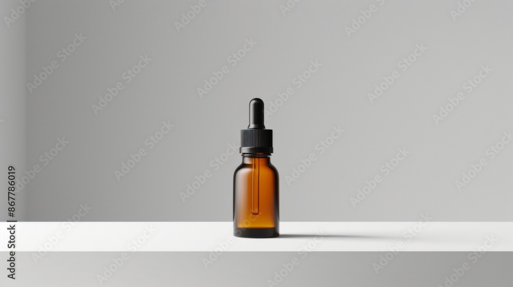 Amber Glass Dropper Bottle on White Shelf Against Grey Background Amber Glass Dropper Bottle on White Shelf Against Grey Background