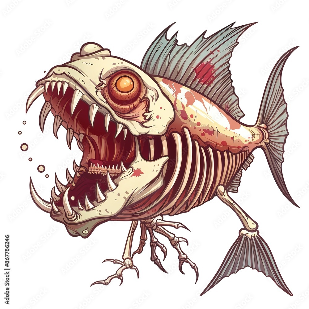 Naklejka premium Piranha skeleton cartoon isolated whitebackground