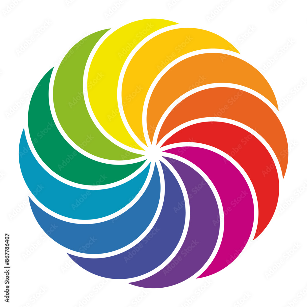 Colorful infographic pie chart with overlapping circular shapes.Flower form graphic circle divided in 12 segments Color Wheel.Color Circle, Vector illustration. Colorful infographic pie chart with overlapping circular shapes.Flower form graphic circle divided in 12 segments Color Wheel.Color Circle, Vector illustration.