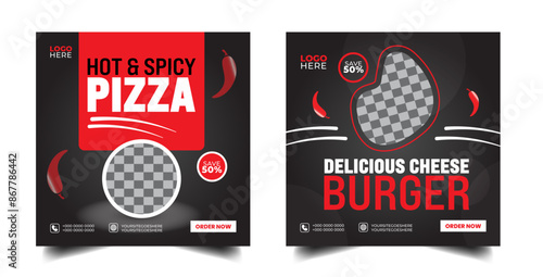 Food social media banner design template. Burger  social media post banner. delicious fast food burger pizza social media marketing banner Square size.
