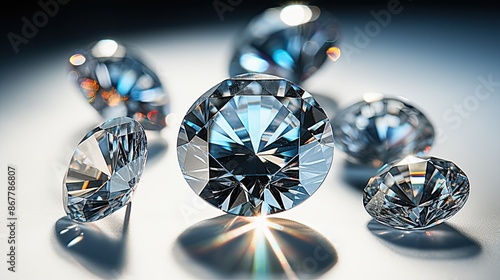 diamond stones of different cuts and sizes on light background with shadows photo