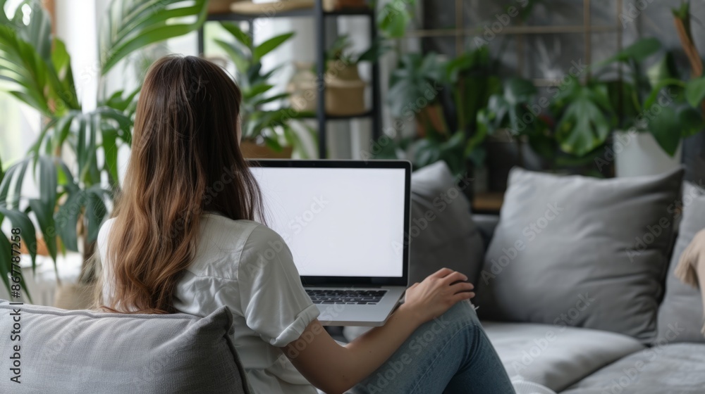 Domestic Digital Workspace: Women Working at Home with a Laptop and a Blank White Desktop Screen Domestic Digital Workspace: Women Working at Home with a Laptop and a Blank White Desktop Screen