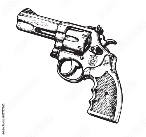Gun revolver handgun six shooter pistol drawing in a vintage retro