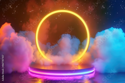 Circular Podium With Neon Light Ring Against a Blue and Yellow Gradient Background © DreamStock