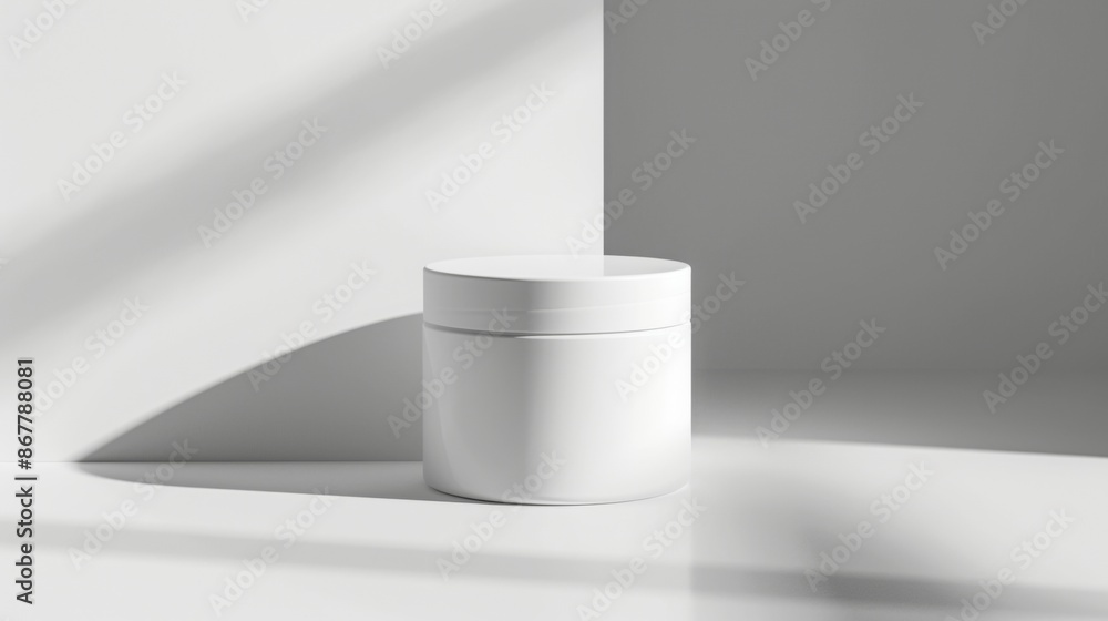 White Plastic Jar on a White Surface With Light Shadows White Plastic Jar on a White Surface With Light Shadows
