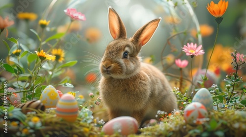 Cute Bunny in a Spring Garden with Easter Eggs - Generative AI © studio clever