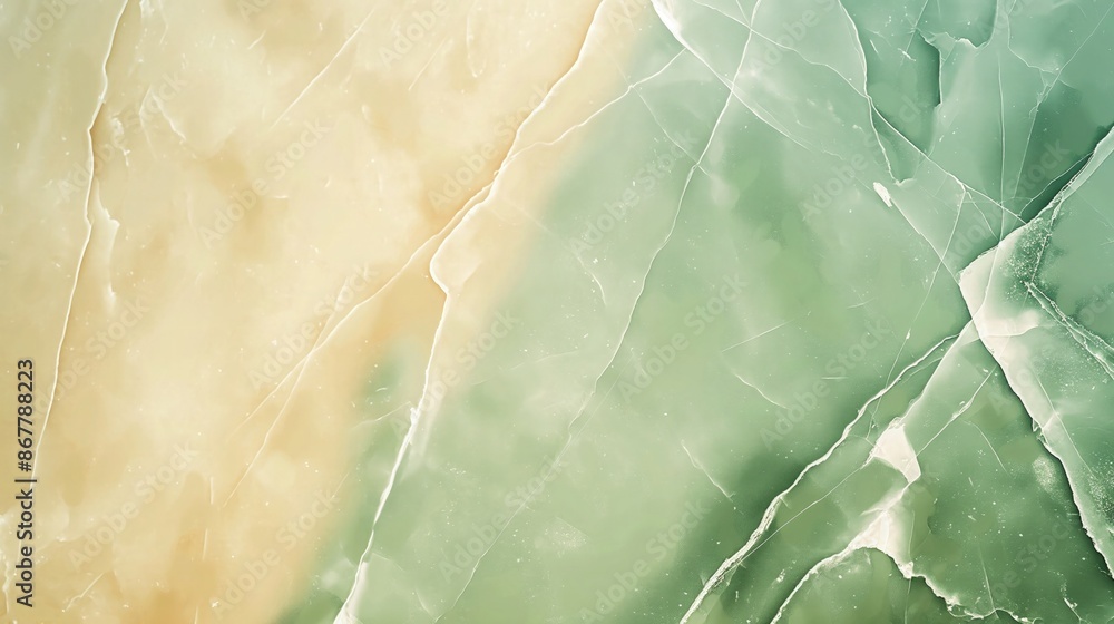 Fototapeta premium Textured background showcasing flowing patterns of green and yellow-ochre natural stone with sharp white vein lines creating division.