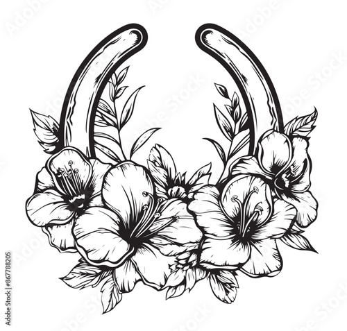 Horseshoe with flowers hand drawn sketch illustration