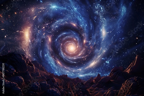 Ethereal spiral of overlapping stars ascending towards a luminous peak