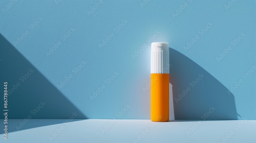 Orange and White Sunscreen Bottle on a Blue Background Orange and White Sunscreen Bottle on a Blue Background
