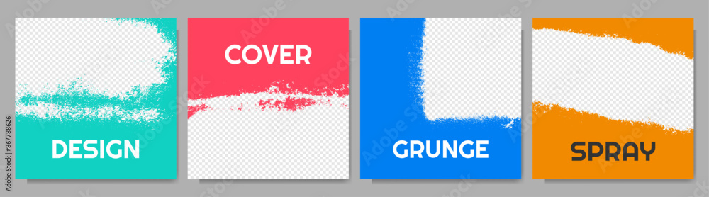 Vector illustration. Set of color paint graffiti splatter frame on transparent background. Design for web banner, blog post, social network stories template, photo overlay. Paint brush stroke style