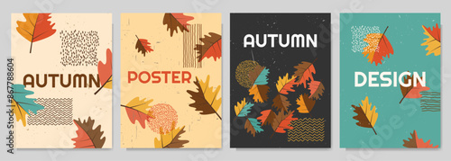 Vector illustration. Set of trendy autumn banners with scratched paper effect and nordic style drawn element. Leaves falling background. Design for poster, brochure card, book or magazine cover, flyer