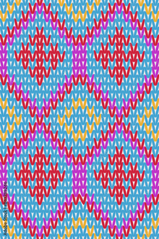 Pattern work imitating knitting Geometric shapes in blue, pink, and yellow, connected together to form a seamless pattern. Vector illustration Pattern work imitating knitting Geometric shapes in blue, pink, and yellow, connected together to form a seamless pattern. Vector illustration