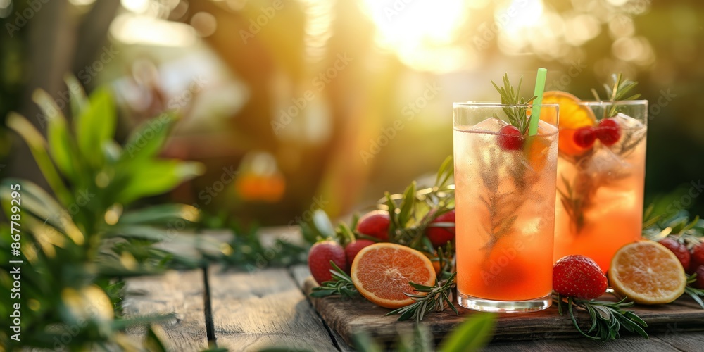 fresh mocktail or cocktail two glasses on wooden table with tranquil garden background with sunlight fresh mocktail or cocktail two glasses on wooden table with tranquil garden background with sunlight