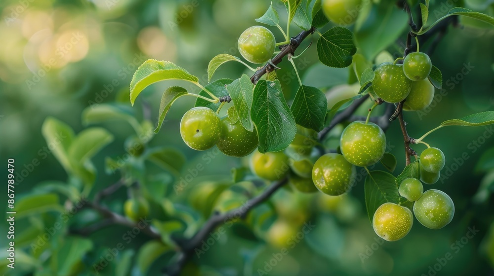 Underdeveloped small green plums on tree in spring Underdeveloped small green plums on tree in spring
