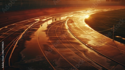 Sunset Reflections on a Wet Running Track - Generative AI photo