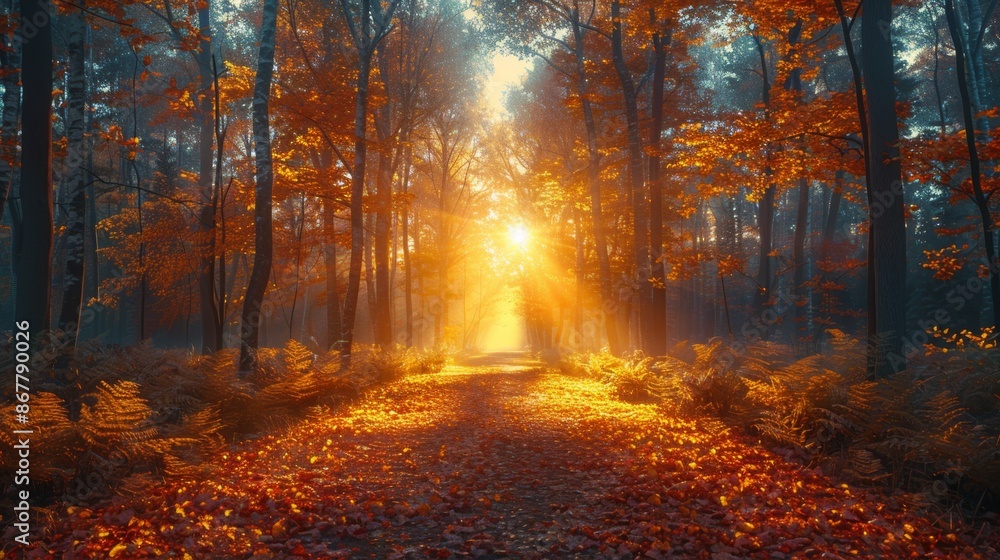 Obraz premium Sunlit Autumn Forest Path - Generative AI